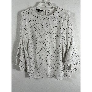 Lafayette 148 Shirt Womens XS White Black Silk Polka Dot Ruffle Sleeve‎ Blouse